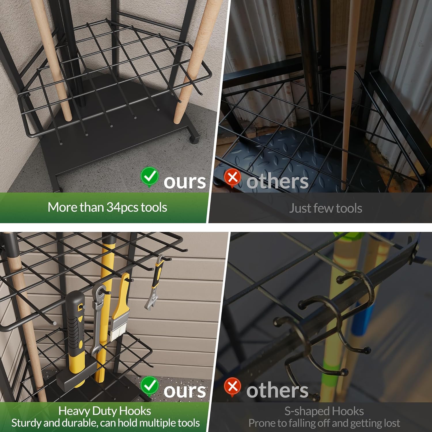 Garden Tool Organizer for Corner - Heavy Duty Metal Rack with 34 Storage Compartments & 14 Hooks for Shovels, Rakes, Long-Handled Tools, Ideal for Garden, Shed, Garage Storage
