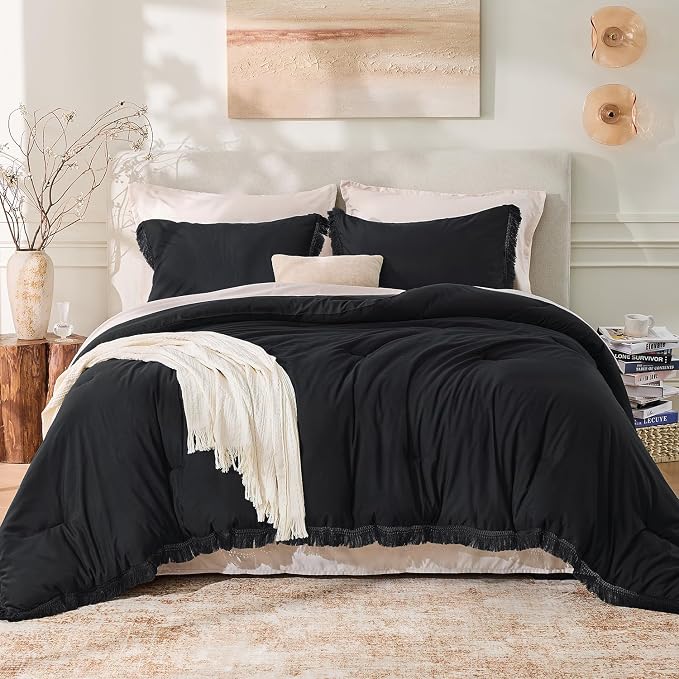 Andency Black Comforter Set Twin Size, 2 Pieces Boho Tassel Lightweight Bedding - Image 2