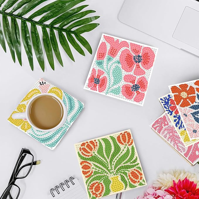 Gemozaic 8PCS Flowers Diamond Art Coasters Kits, Simple Floral Diamond Painting - Image 4