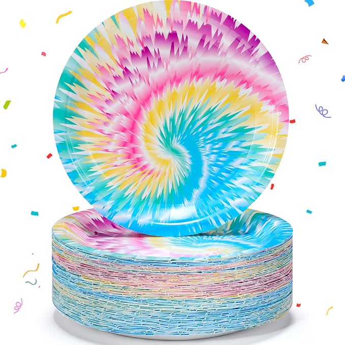Domensi 100 Pack Tie Dye Paper Plates 7 Inch Rainbow Disposable Dessert Plates by Domensi