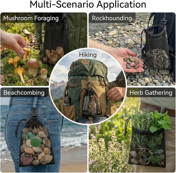 Mushroom Foraging Bag 4 Pcs, Rock Collecting Bag 8 x 10 Inch, Breathable Mesh - Image 6