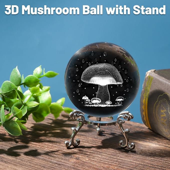 3D Mushroom Crystal Ball with Stand Lase Engraved Glass Sphere Paperweight - Image 3