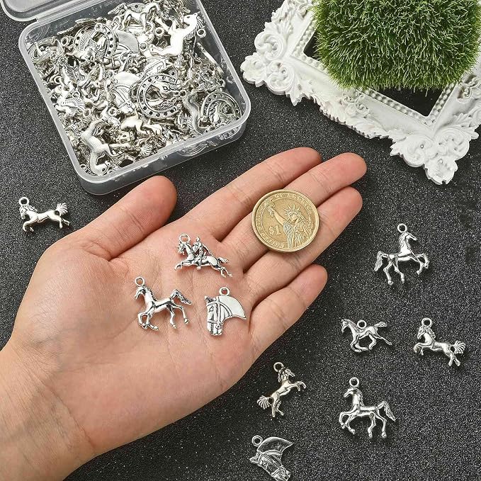 DanLingJewelry 100Pcs 10 Styles Antique Silver Horse & Horseshoe Animal Charms - Image 3