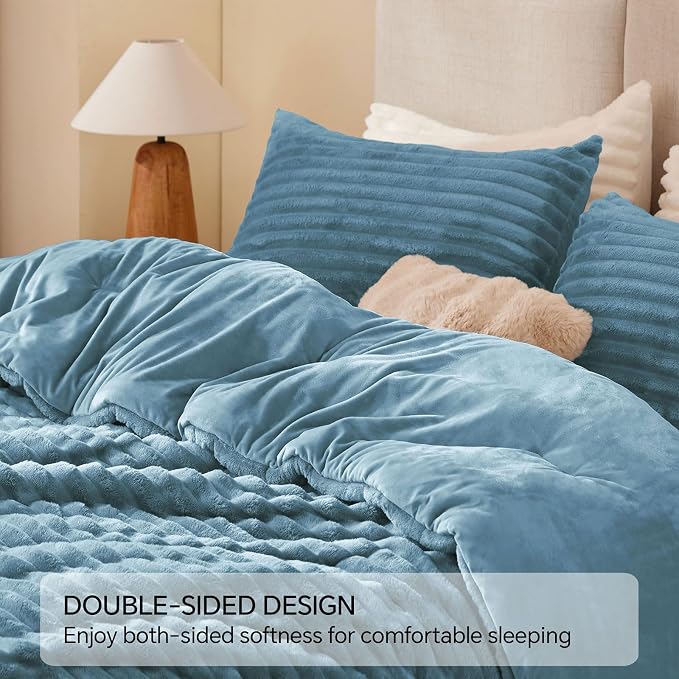 BEDELITE Fleece Queen Comforter Set -Super Soft & Warm Fluffy Blue Fog Bedding - Image 5