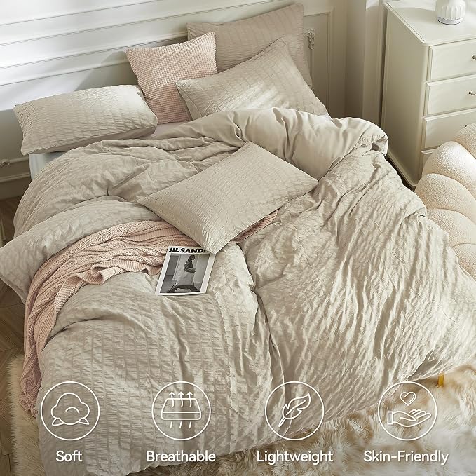 JELLYMONI Light Khaki Duvet Cover Queen Size, Soft Breathable Seersucker Duvet - Image 2