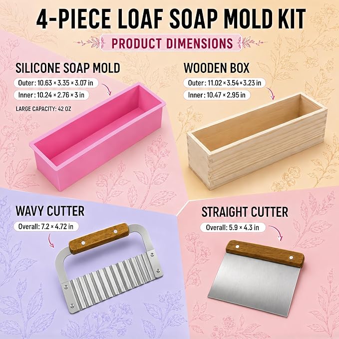 SJ 42 oz Soap Making Kit with Pink Silicone Loaf Mold, Wooden Box & Cutters | - Image 4