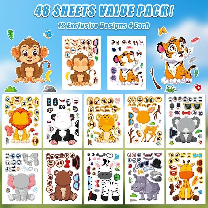 48 Sheets Create Funny Safari Animals Stickers, Make a Face Stickers - Image 3