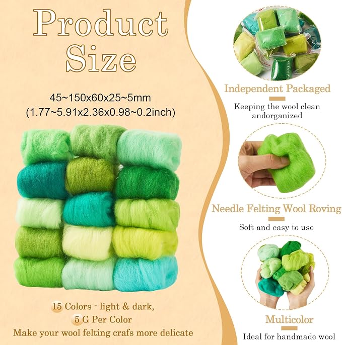 Boutigem 15 Colors 75G Green Needle Felting Wool Roving - Image 3