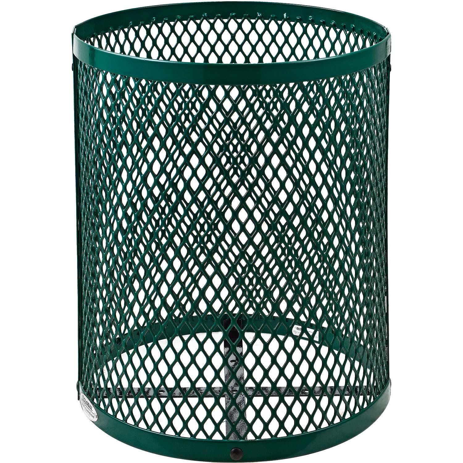 Global Industrial Outdoor Diamond Steel Trash Can with Flat Lid and Plastic Liner, 36 Gallon Capacity, Green, Thermoplastic Coating, 23-1/2" Diameter, 30" H
