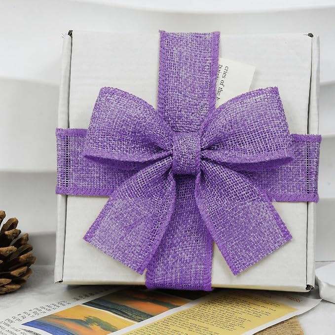 Purple Burlap Ribbon 1-1/2 in X 10 Yard Purple Linen Wired Ribbon | Natural - Image 5