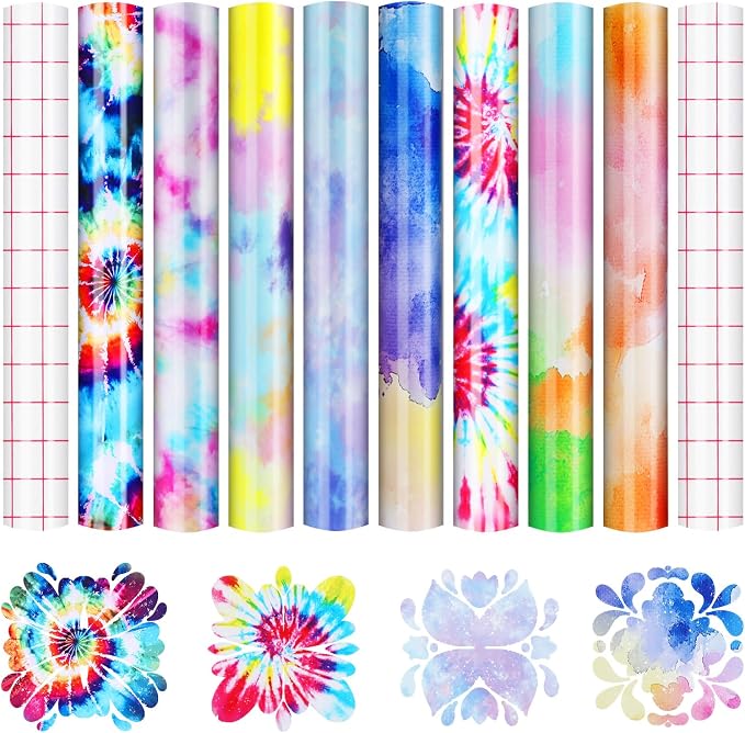 HTVRONT Tie Dye Permanent Vinyl 8 Sheets 12"x10" Patterned Adhesive Vinyl | by HTVRONT