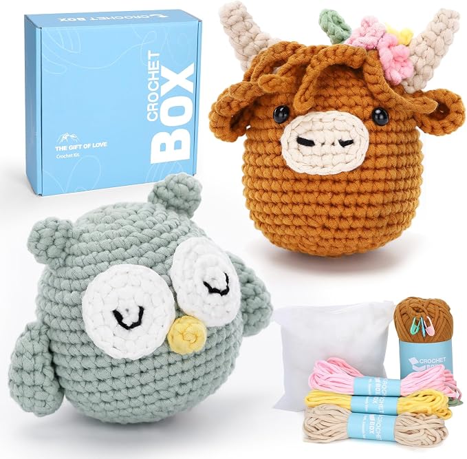 CrochetBox Crochet Kit for Beginner, Highland Cow and Owl Learn How to Crochet by CROCHETBOX