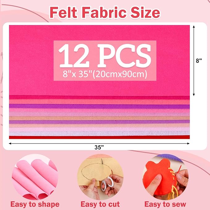 12 Rolls 8"x35" 1.4mm Thick Soft Felt Fabric Sheet 12 Assorted Pink Series - Image 2