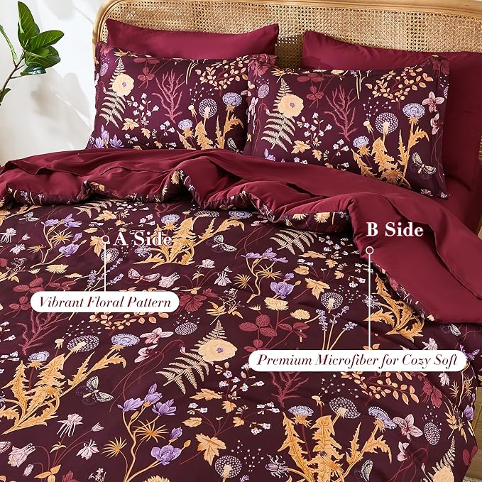 Yiran Queen Comforter Set 7 Piece, Burgundy Floral Bedding Set, Bed in a Bag - Image 2