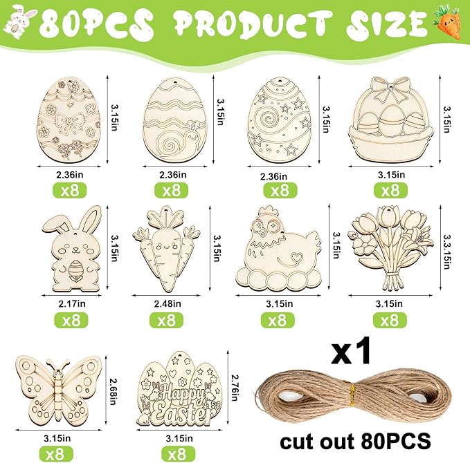 80PCS Unfinished Ornament Wood Crafts, Painting Blank Wooden Cutouts | DIY 10 - Image 2