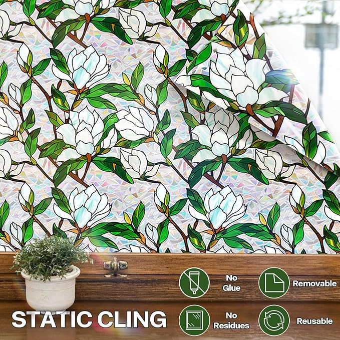 Stained Glass Window Film UV Resistant Window Privacy Film White Floral Privacy - Image 6