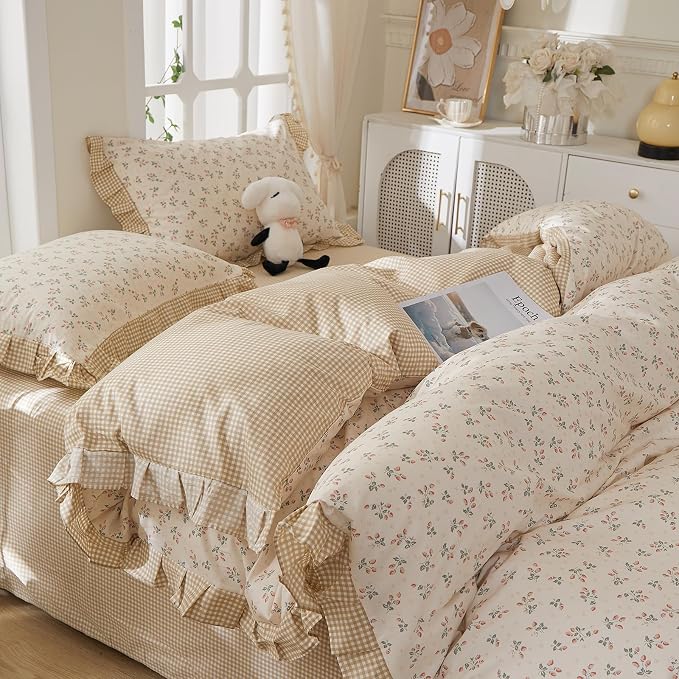 mixinni Beige Floral Duvet Cover King Size, 100% Cotton Cute Strawberry Floral - Image 4