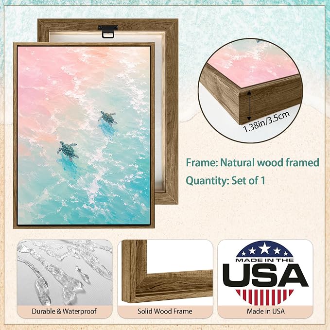 Framed Pastel Sea Turtle Canvas Wall Art Dreamy Pink Turquoise Ocean Turtle - Image 4