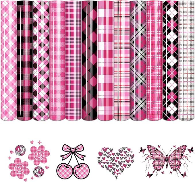 Tintnut Black Pink Plaid Heat Transfer Vinyl, PU HTV Sheets, easy cut & weed by Tintnut