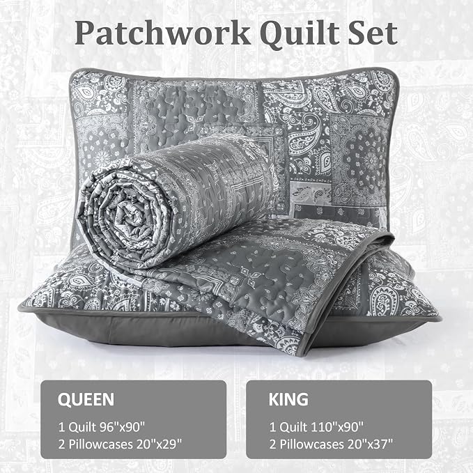 Cottolester Grey Quilt Set King Size, 3 Pieces Boho Patchwork Paisley Quilt Set - Image 6