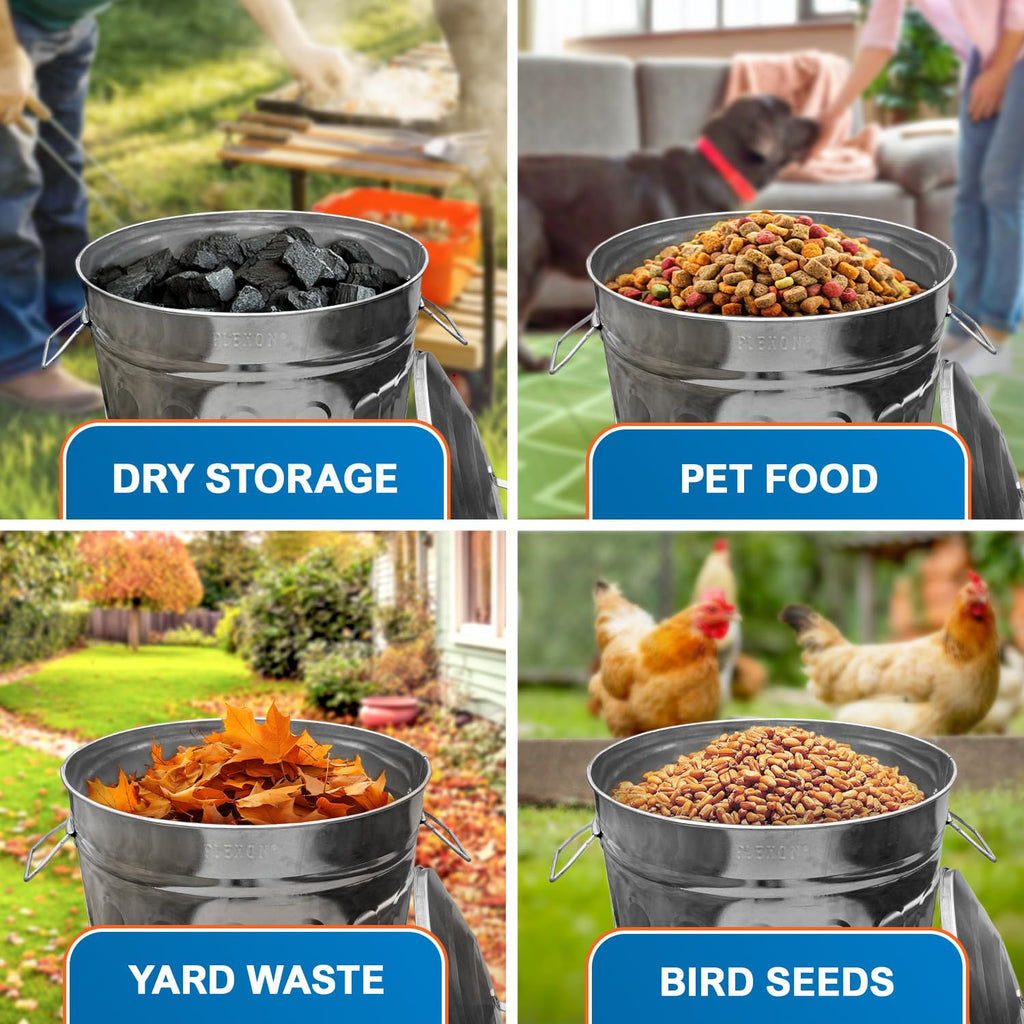 Plexon Round Trash Can 13 Gallon, Vintage Metal Outdoor Trash Can with Lid, Retro Farmhouse Garbage Container, Old School Modern Ash Bucket, Galvanized Steel 3 Pack