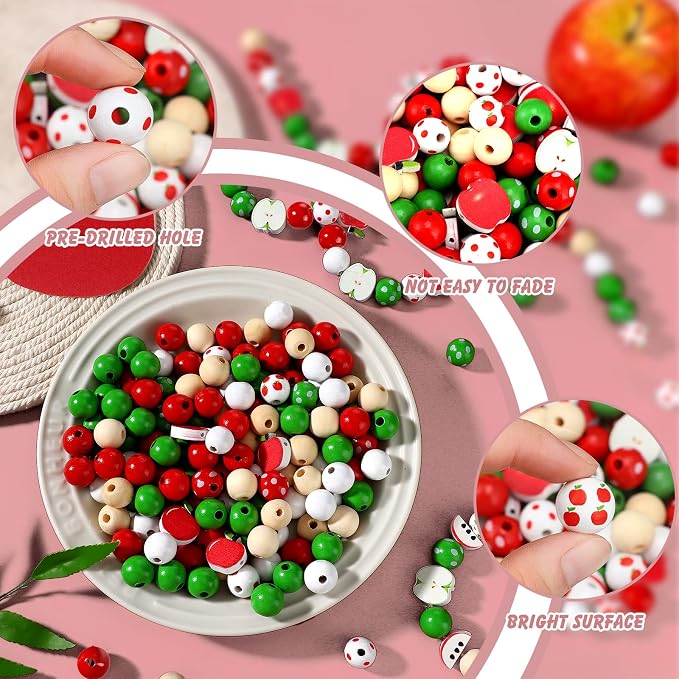 Qunclay 200 Pieces Apple Wooden Beads Thanksgiving Fall Beads - Image 4