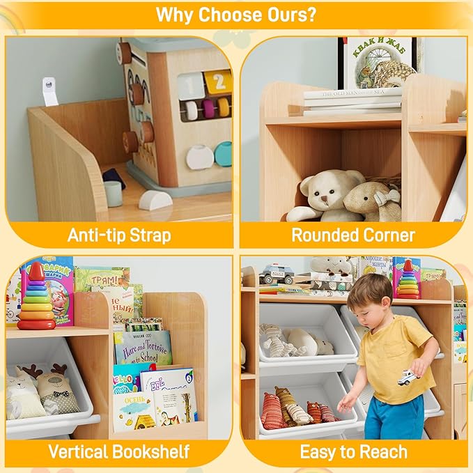 Vabches 55" Large Kids Toy Organizer with 8 Toy Storage Tubs, Storage Boxes and Storage Racks, Tiered Bookshelf and 7 Storage Cubbies, Kids Bookshelf, Playroom Storage and Storage Boxes(Oak)