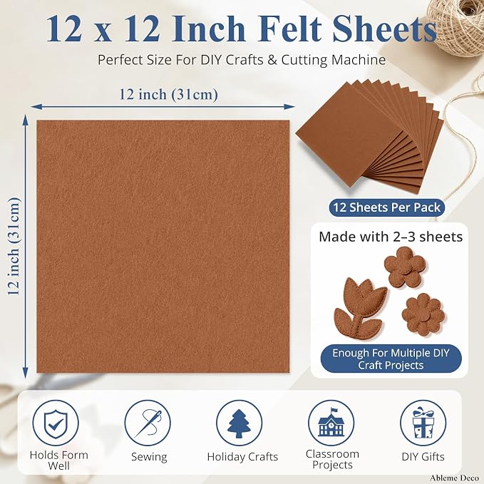 12" x 12" Felt Sheets for Crafts, 2mm Stiff Felt Fabric, Chocolate | 2mm Thick - Image 3