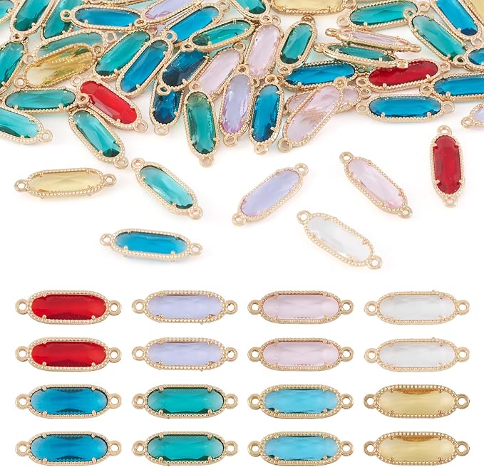 FASHEWELRY 50pcs Faceted Glass Charm Links Crystal Oval Light Gold Plated Alloy by FASHEWELRY