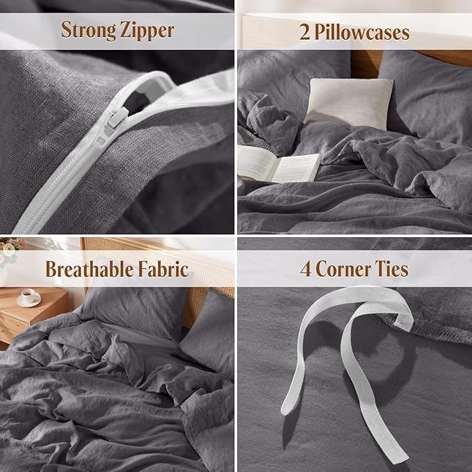 LBRO2M 100% France Linen Duvet Cover Set King Size 3 Pcs Natural Flax Comforter - Image 5