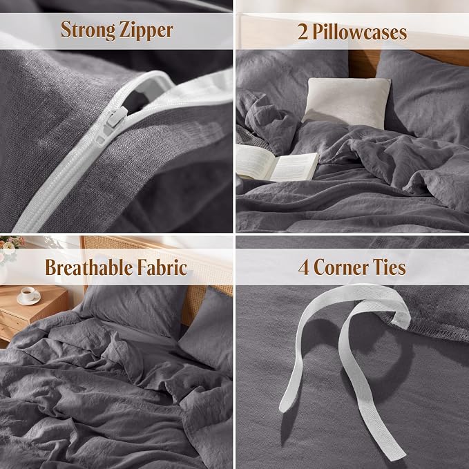 LBRO2M 100% France Linen Duvet Cover Set Cal King Size 3 Pcs Natural Flax - Image 5