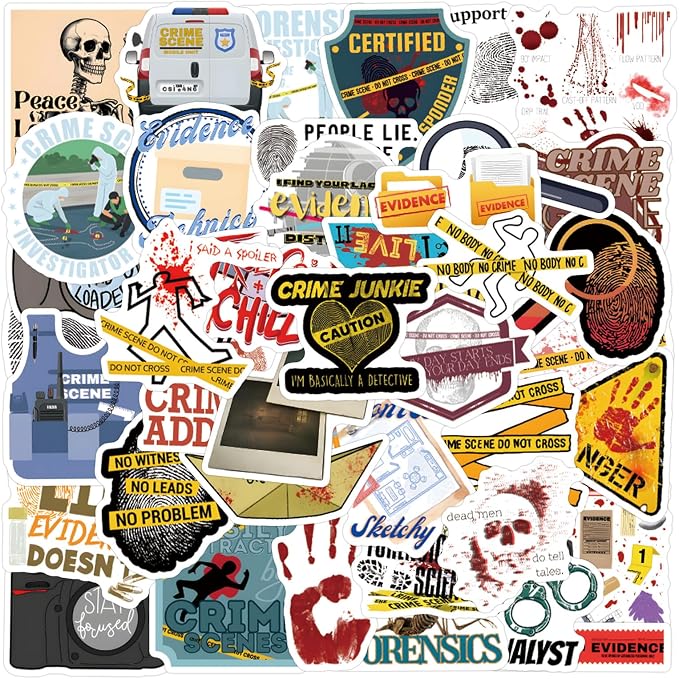 55 Pcs True Crime Forensic Stickers, Cool Detective Mystery Evidence Vinyl by Unknown