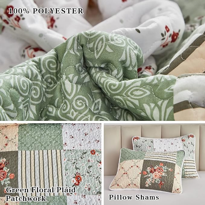 Patchwork Quilt Set California King Size, 3 Pieces Green Floral Plaid Summer - Image 5