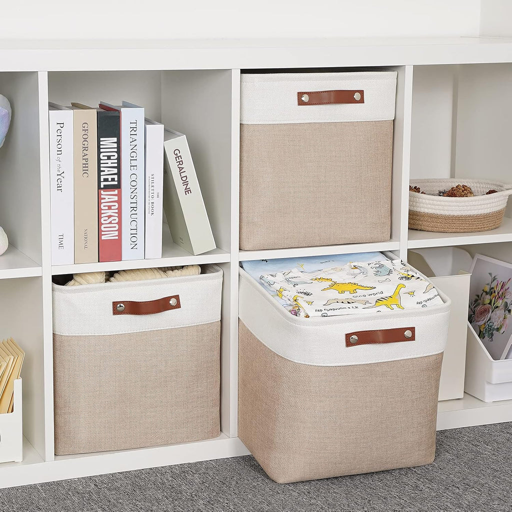 HNZIGE Cube Storage Baskets for Shelves Foldable Storage Baskets(3 Pack) Cube Storage Bin,13 Inch Storage Basket for Organizing with Leather Handles for Toys, Clothes, Kids, Closet (White&Beige)