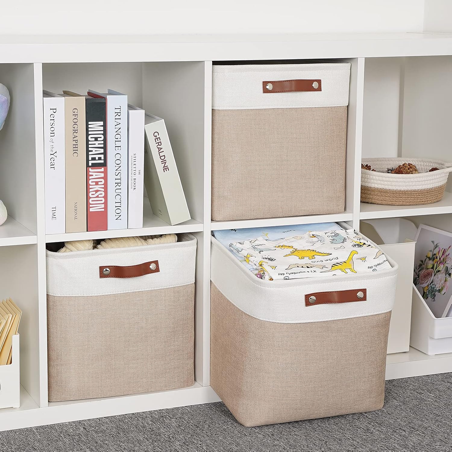 HNZIGE Cube Storage Baskets for Shelves Foldable Storage Baskets(3 Pack) Cube Storage Bin,13 Inch Storage Basket for Organizing with Leather Handles for Toys, Clothes, Kids, Closet (White&Beige)