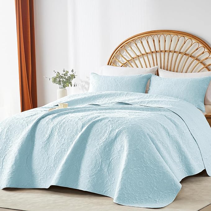 WURUIBO Sky Blue Quilt Set Queen Size, Embossing Microfiber Full Bedspreads - Image 7