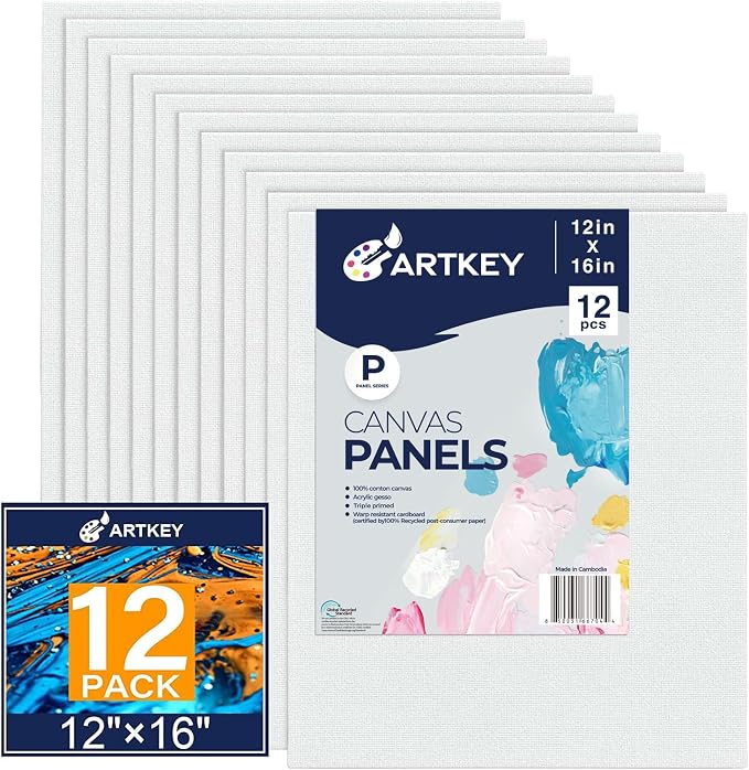 Canvas Panels 12x16 Inch 12-Pack, 10 oz Primed 100% Cotton Canvases by Artkey