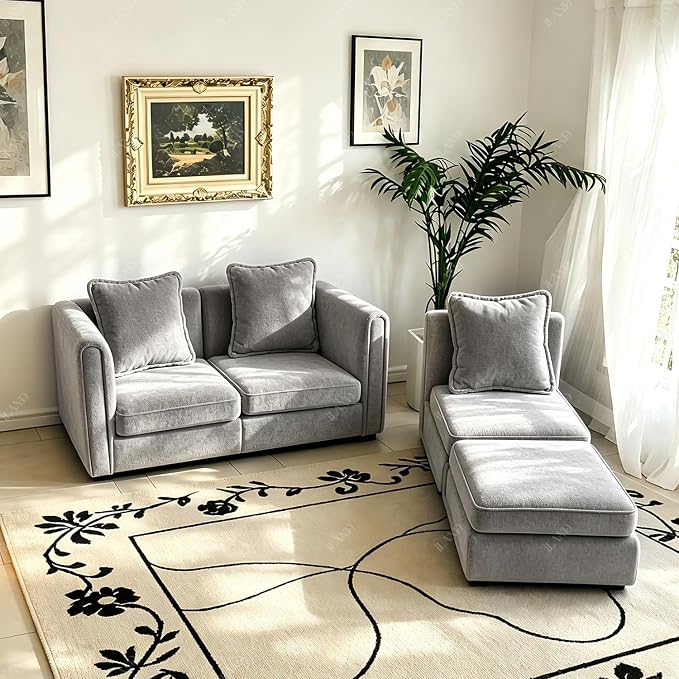 iLAND Dollhouse Furniture Sectional Dollhouse Couch Set Light Grey Velvet Sofa - Image 2