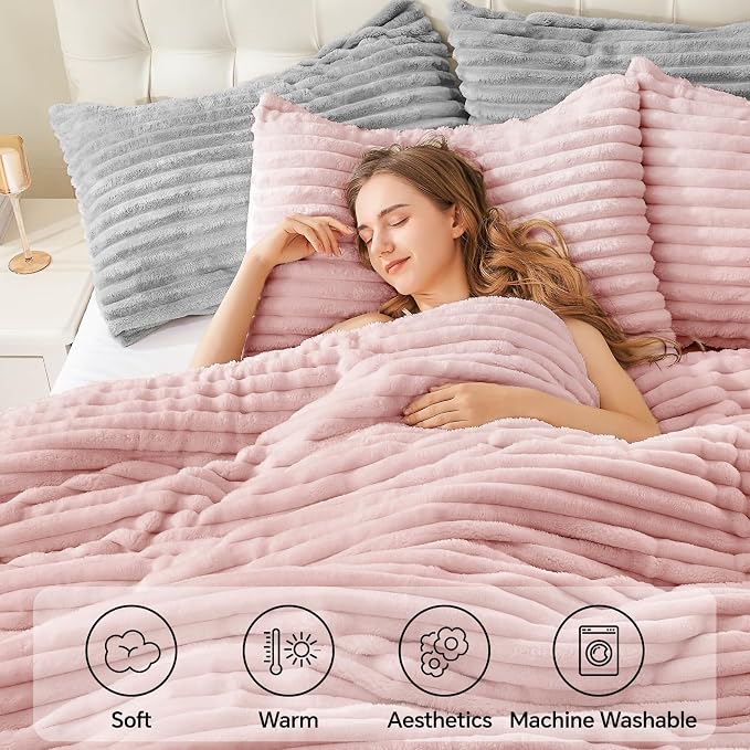 BEDELITE Fleece California King Comforter Set -Super Soft & Warm Fluffy Pink - Image 3
