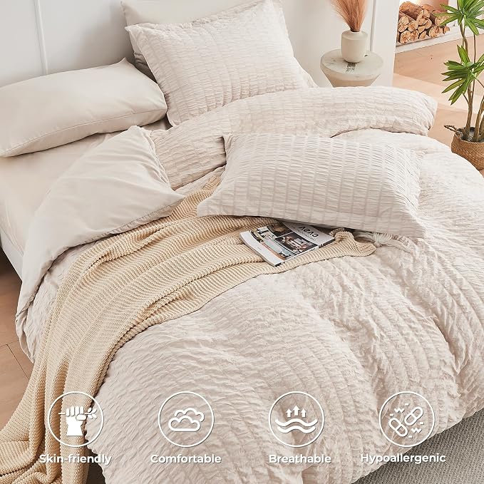HYMOKEGE Beige Twin Comforter Set Seersucker 5 Pieces, All Season Luxury Bed in - Image 4