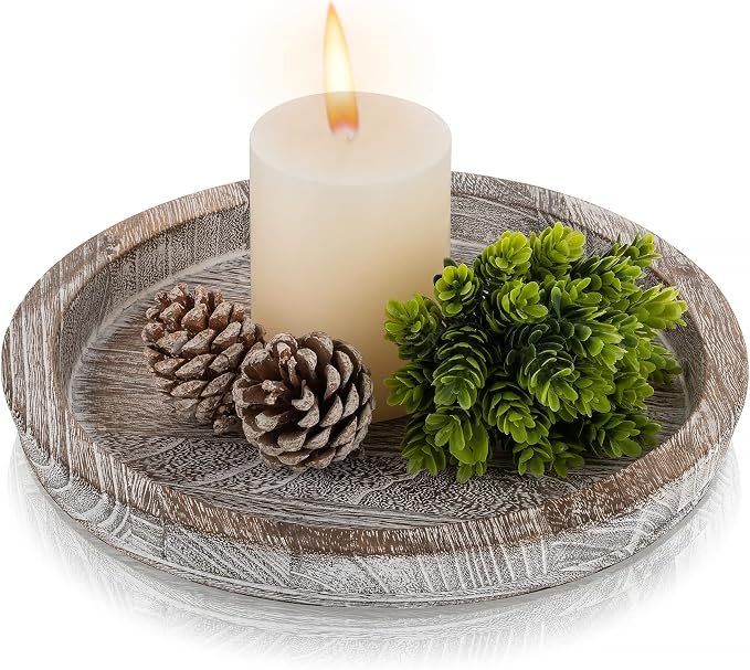 Hanobe Decorative Coffee Table Tray, Round Wood Candle Holder Plate | Wooden by Hanobe