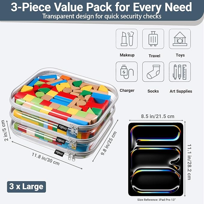 YQBRAO 3-Pack Large Clear Hard Shell Zipper Case, 1.2mm Ultra-Thick Rigid Toy & - Image 4