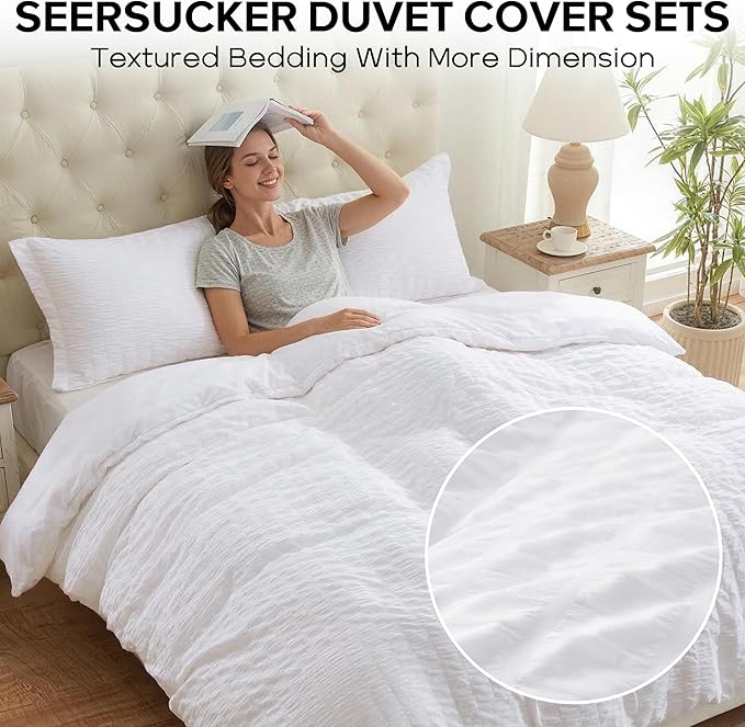 Cozyide White Duvet Cover Queen Size, Soft 3-Piece Seersucker Queen Duvet Cover - Image 2