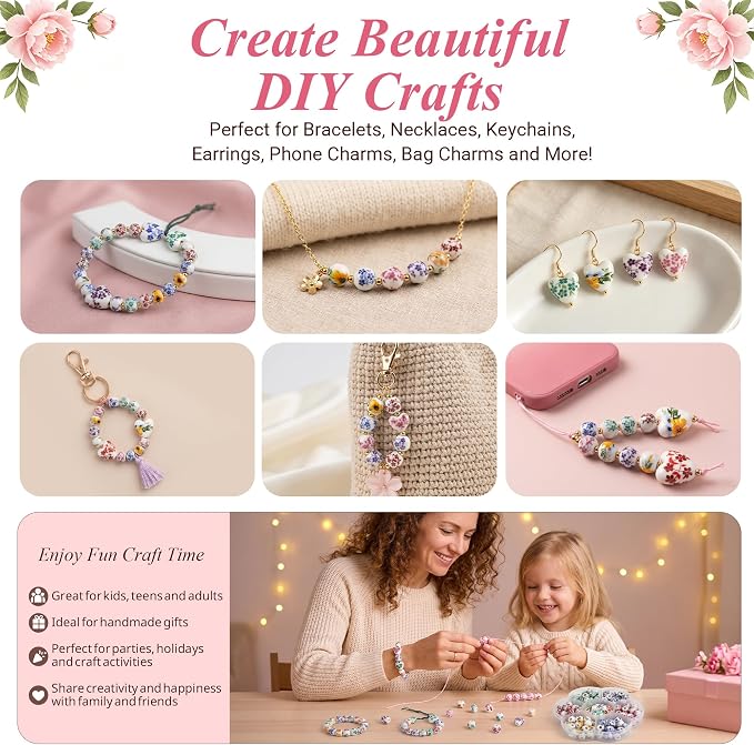 Ceramic Beads, Heart Beads, Round Porcelain Beads 8 mm Multicolor Flower - Image 5