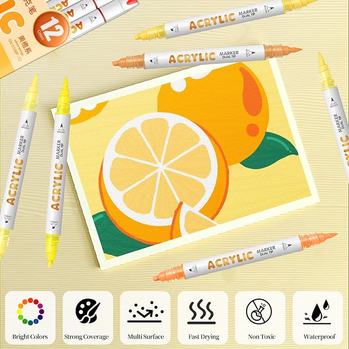Yellow Orange Acrylic Paint Pens, Water Based 12 Colors Dual Tip Acrylic Paint - Image 4