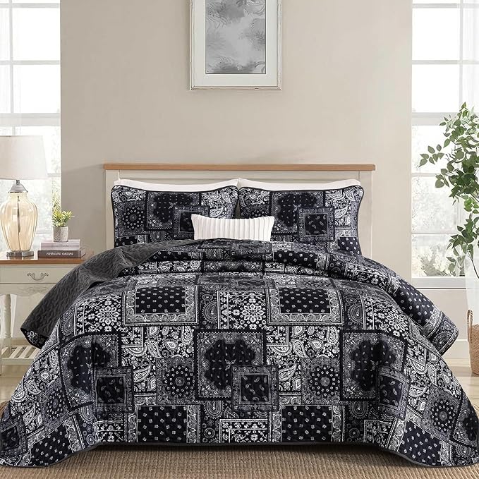 Cottolester Boho Patchwork Quilt Set Queen Size, Paisley Floral Bedding Set by Cottolester