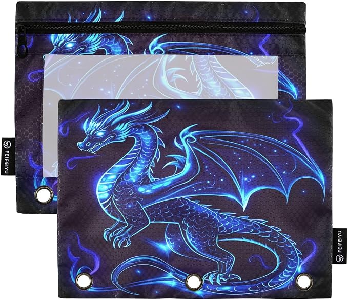 Dragon Blue Black Pencil Pouch for 3 Ring Binder, 2 Pack Waterproof Pencil Bags by BOENLE-WELCOMEYOURCOMING