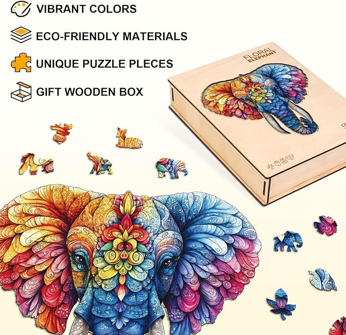 Floral Elephant Puzzles Adults Gifts Wooden 95 Pieces 8.5 * 8.1in - Image 3
