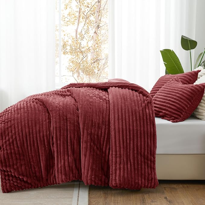 BEDELITE Fleece Queen Comforter Set -Super Soft & Warm Fluffy Burgundy Bedding - Image 2
