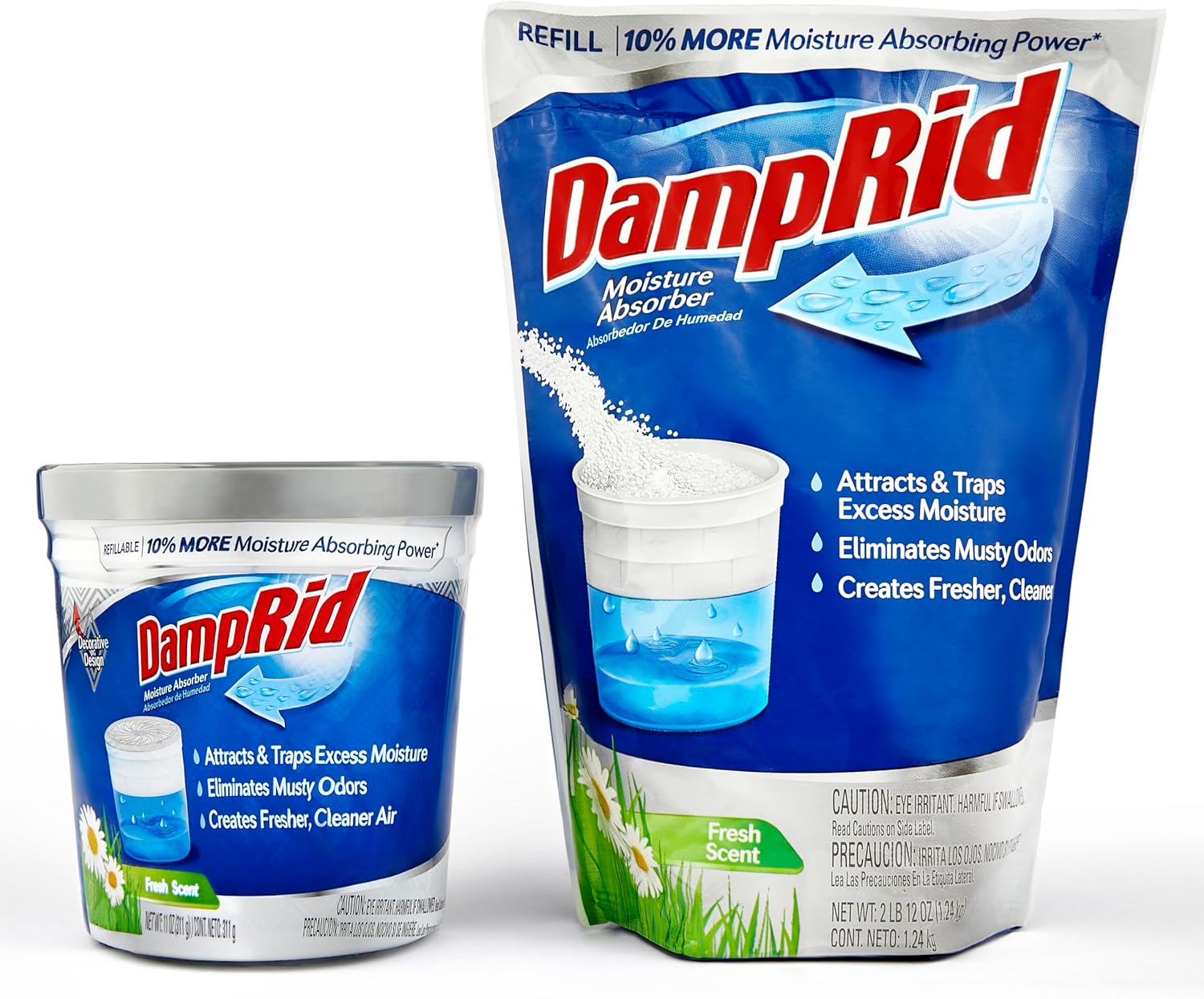 Damp Rid Refillable Moisture Absorber, Includes Single Damp Rid Fresh Scent 11oz. Cup & 44oz. Refill Bag - Moisture Absorbers for Closet, 10% More Absorbing Power*, Cleaner Air - ILIOS Packaging.